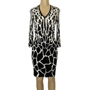 NWOT Roberto Cavalli Dress Animal Print Giraffe 3/4 Sleeve V Neck Sheath 44 8 M